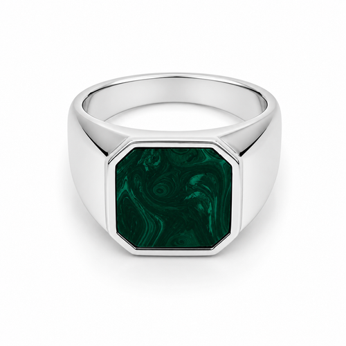 Anillo sello malaquita plata 925 pulida, vista en perspectiva mostrando banda y piedra verde