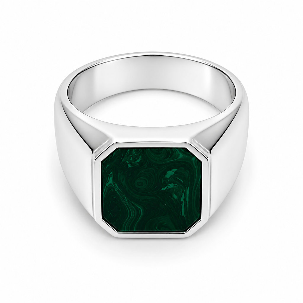 Anillo sello malaquita plata 925, vista frontal superior con vetas verdes naturales
