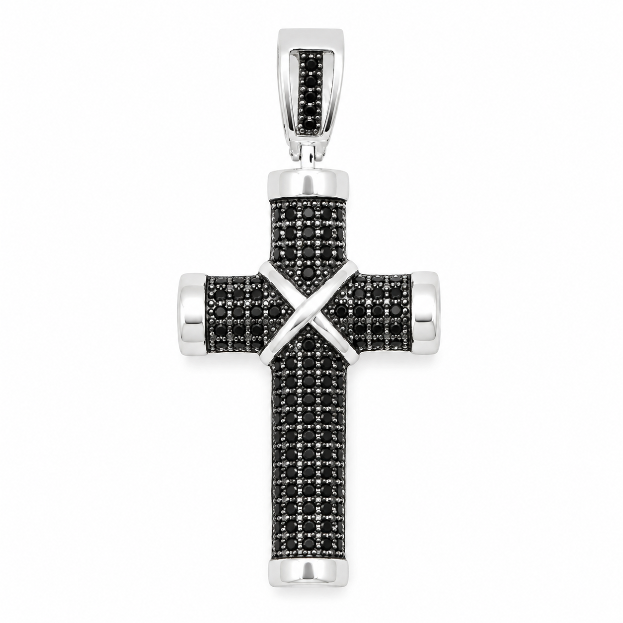 Dije cruz latina tubular plata 925 con pavé de zirconias negras, vista frontal