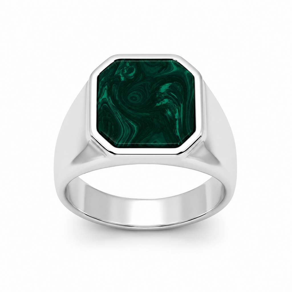Anillo sello malaquita plata 925, vista frontal directa con piedra octagonal verde