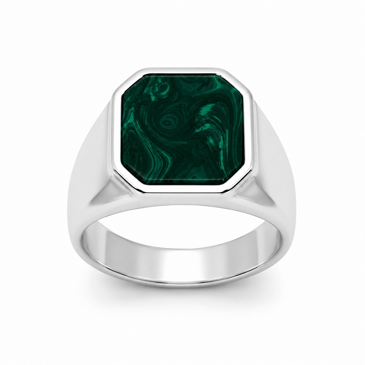Anillo sello malaquita plata 925, vista frontal directa con piedra octagonal verde