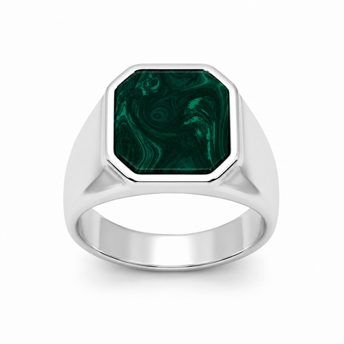 Anillo sello malaquita plata 925, vista frontal directa con piedra octagonal verde