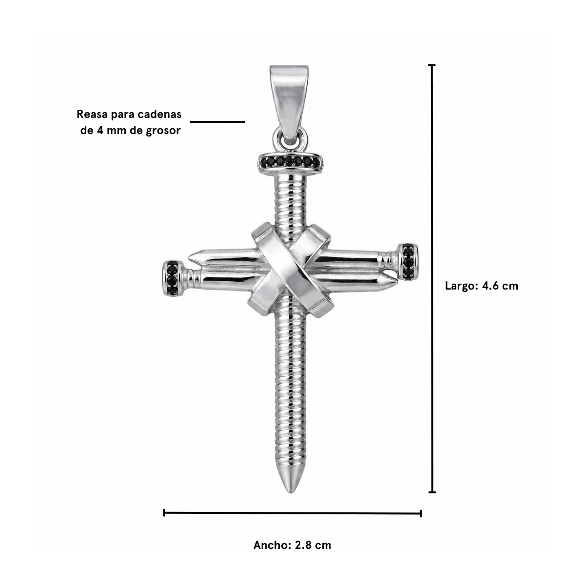 Dije cruz clavos plata 925 con zirconia negra, medidas 4.6 cm largo x 2.8 cm ancho