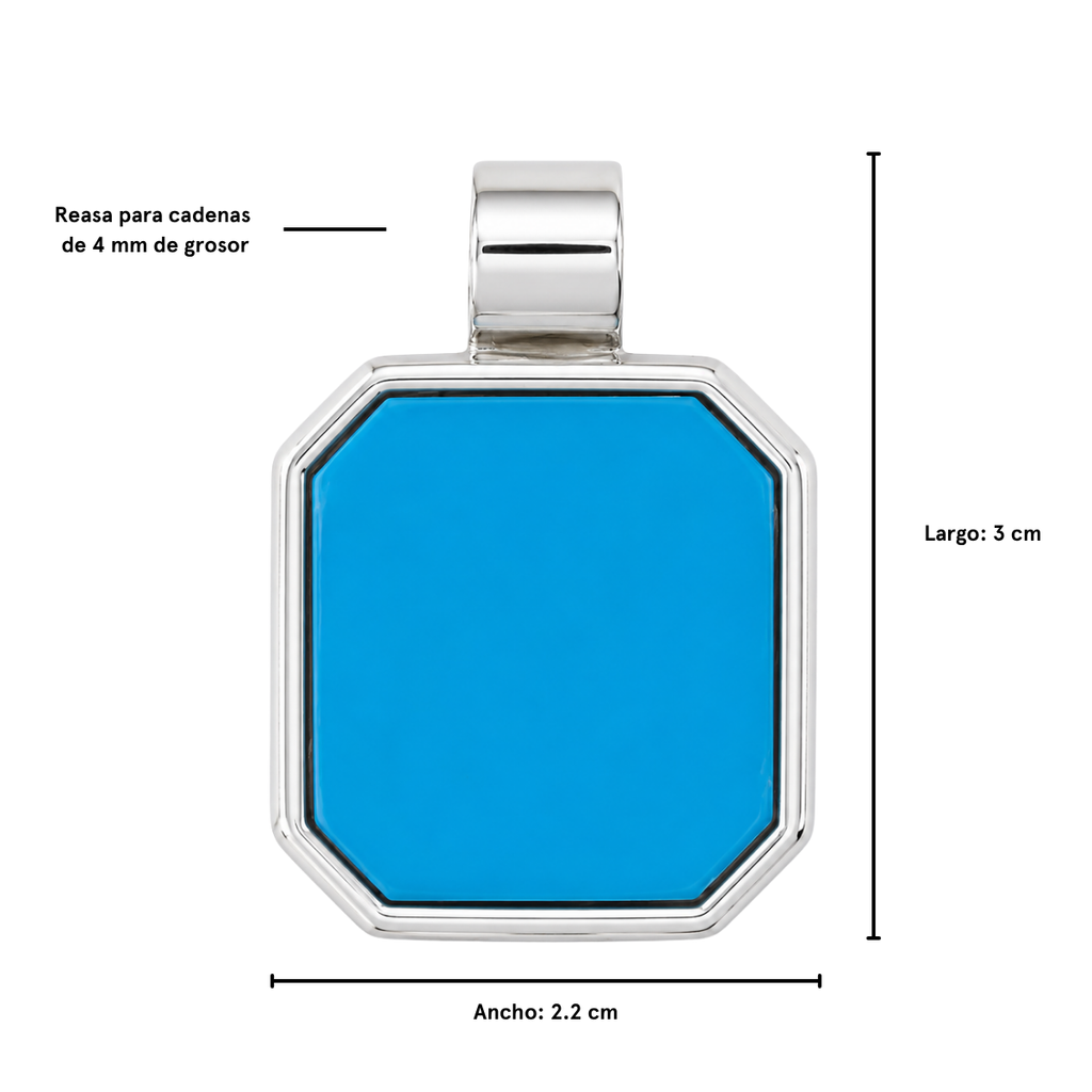 Dije cuadrado turquesa plata 925, medidas 3 cm largo x 2.2 cm ancho, compatible con cadenas de 4 mm
