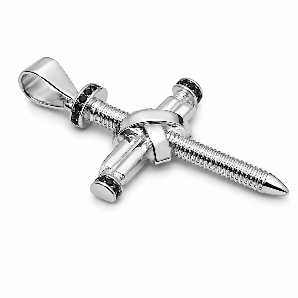 Dije cruz clavos plata 925 con zirconia negra, vista en perspectiva