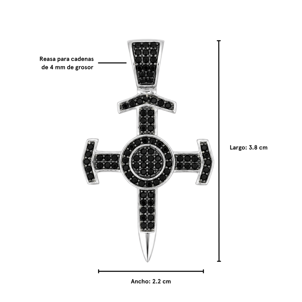Dije cruz sagrado corazón plata 925 con zirconias negras, medidas 3.8 cm largo x 2.2 cm ancho