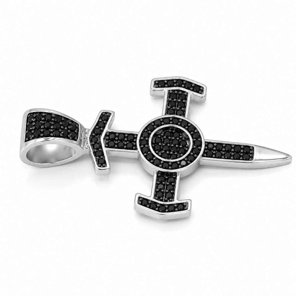 Dije cruz sagrado corazón plata 925 con zirconias negras, vista lateral con argolla