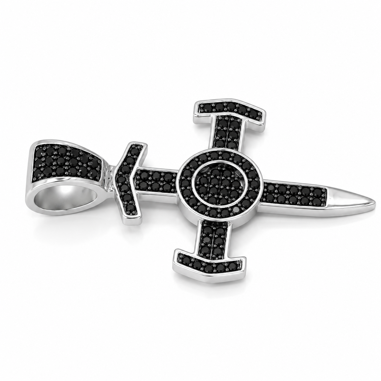 Dije cruz sagrado corazón plata 925 con zirconias negras, vista lateral con argolla