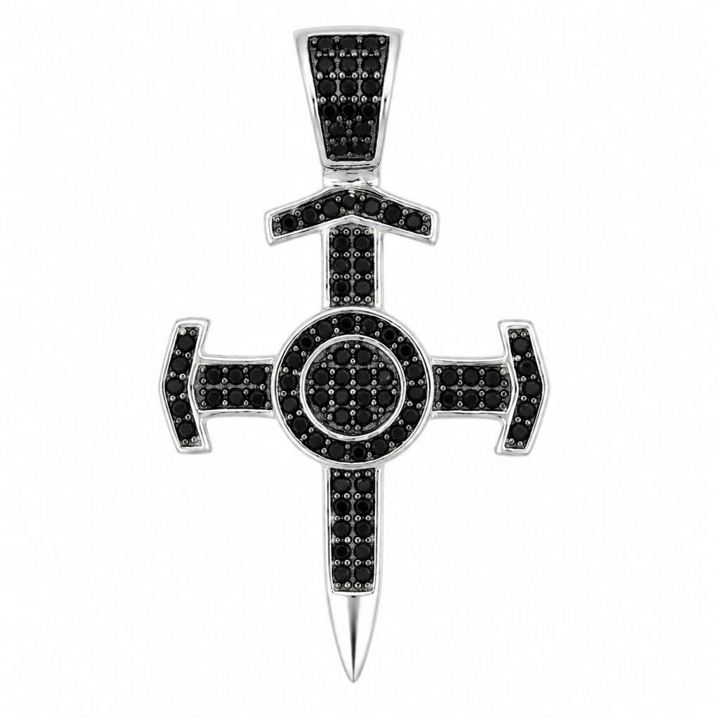 Dije cruz sagrado corazón plata 925 con pavé de zirconias negras, vista frontal