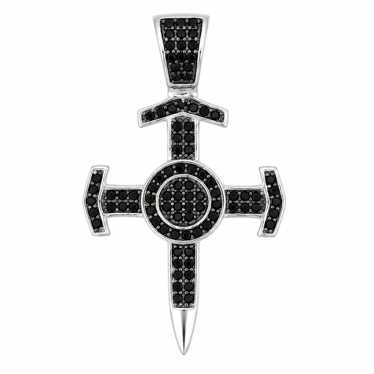 Dije cruz sagrado corazón plata 925 con pavé de zirconias negras, vista frontal