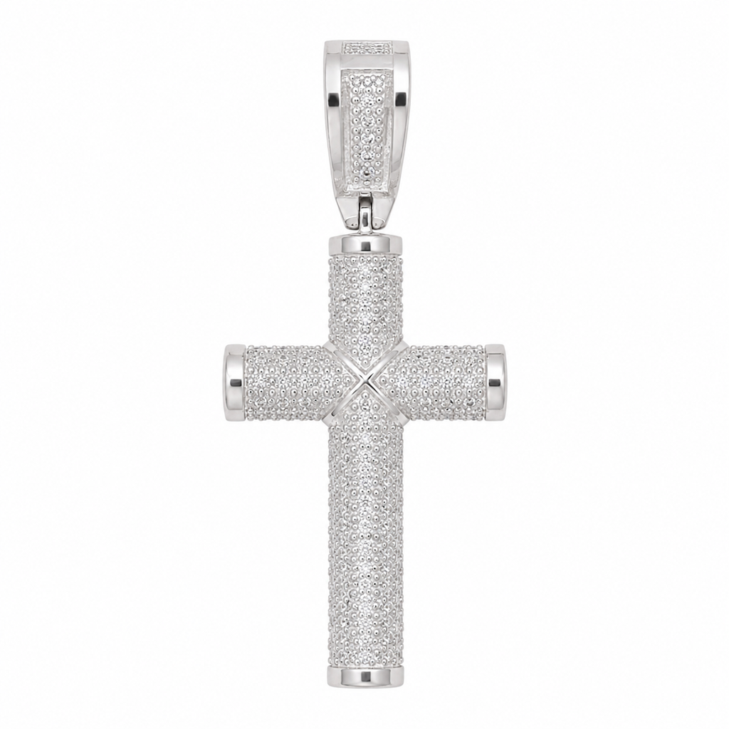 Dije cruz tubular de plata 925 con zirconias pavé, vista frontal