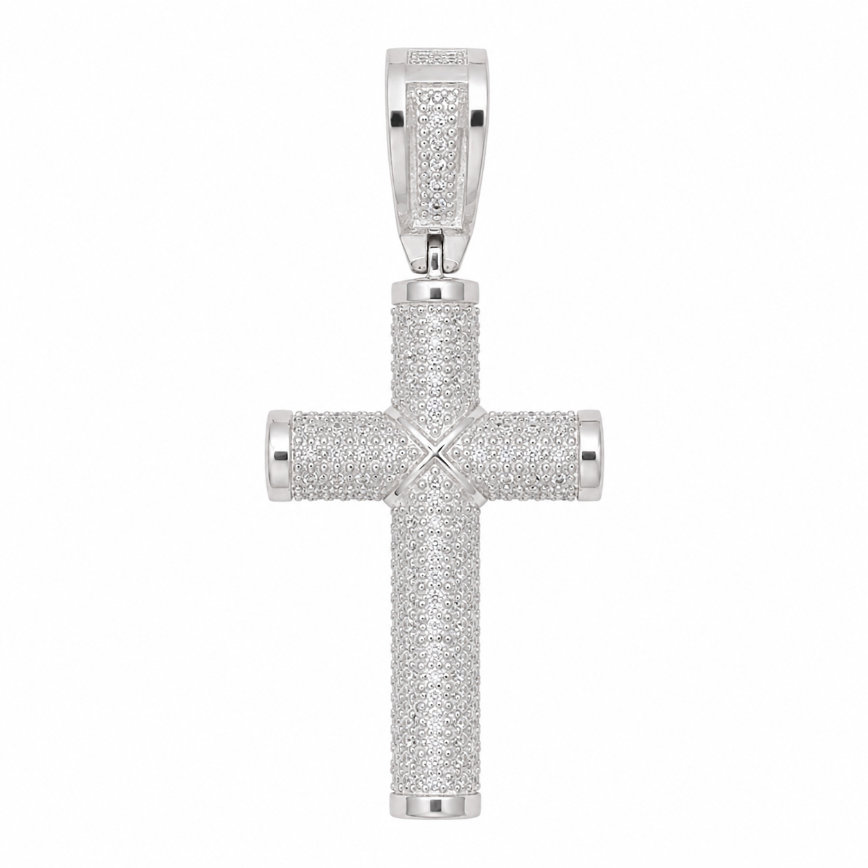 Dije cruz tubular de plata 925 con zirconias pavé, vista frontal