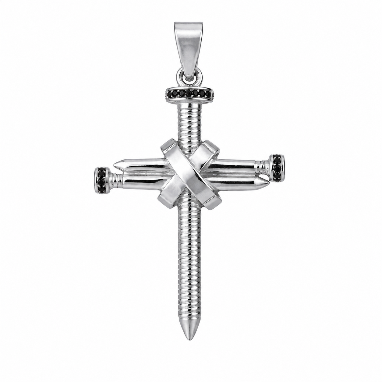 Dije cruz clavos plata 925 con zirconia negra, vista frontal