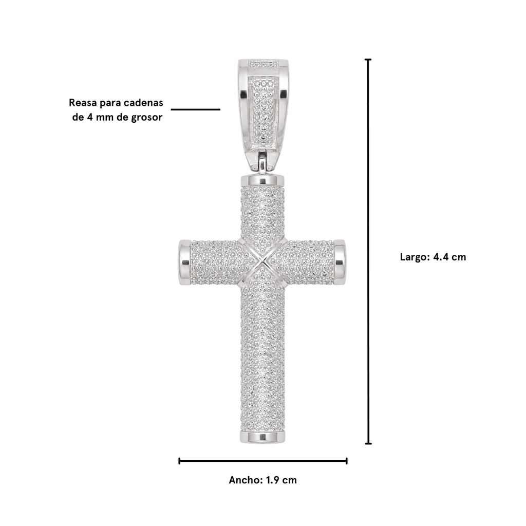 Dije cruz tubular plata 925 con zirconias, medidas 4.4 cm largo x 1.9 cm ancho
