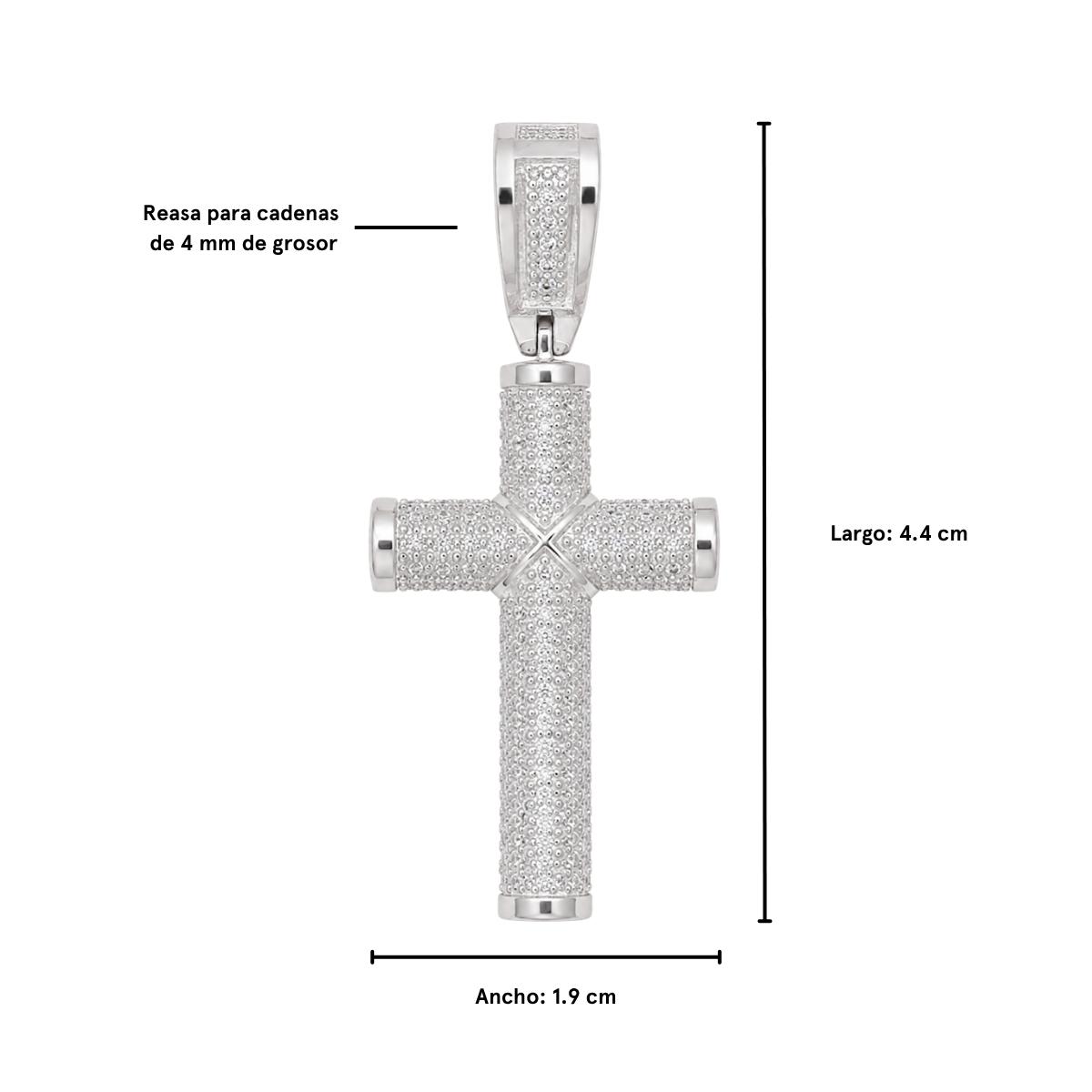 Dije cruz tubular plata 925 con zirconias, medidas 4.4 cm largo x 1.9 cm ancho
