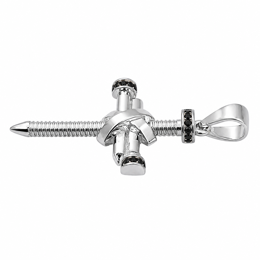 Dije cruz clavos plata 925, vista lateral con argolla y zirconias negras